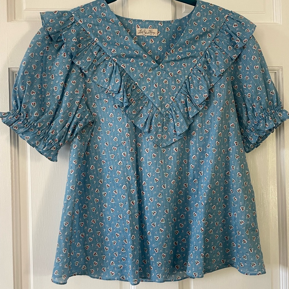 LoveShackFancy Blue Flutter Sleeve Blouse with Ruffled Bib Collar